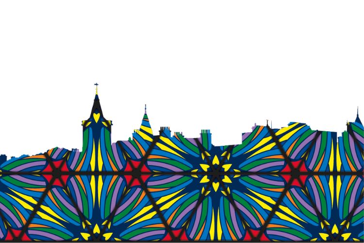 A skyline of St Andrews with a colourful, kaleidoscopic pattern